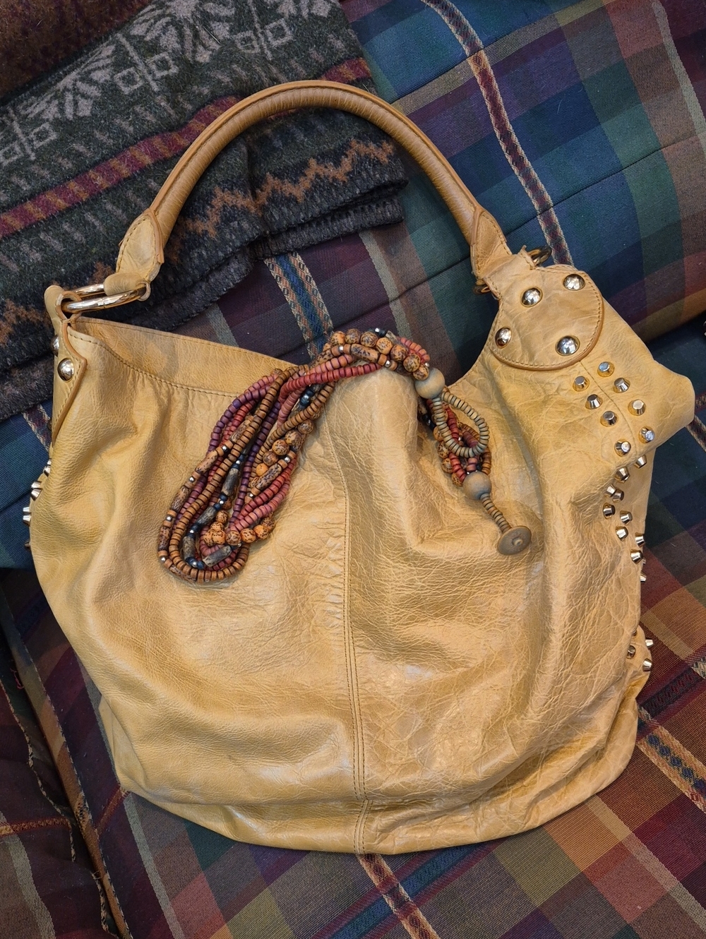Studded Tan Leather Hobo Tote with Beaded Accent - Women Bags